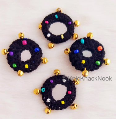 Circle Shaped Mirrored Applique With Jingle Bell Beads And Multicoloured Beads, Bohemian Applique, Summer Applique